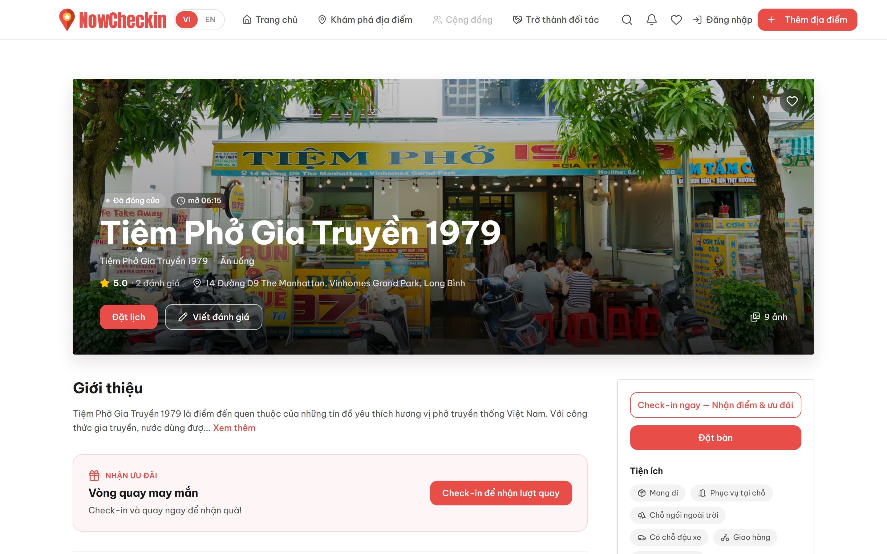 Trang của một địa điểm trên NowCheckin