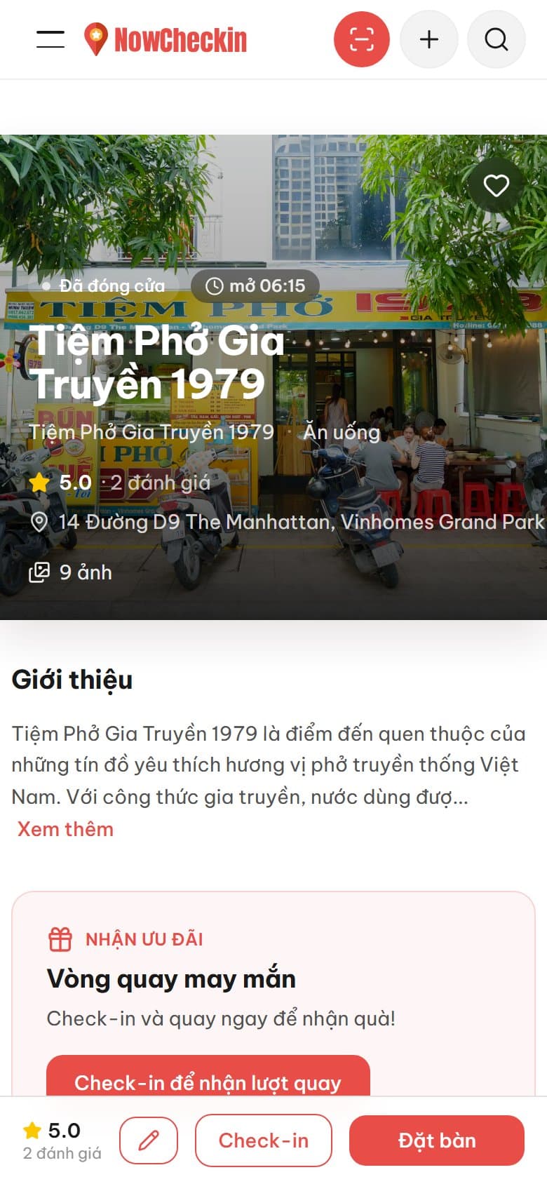 Trang của một địa điểm trên NowCheckin, xem trên điện thoại